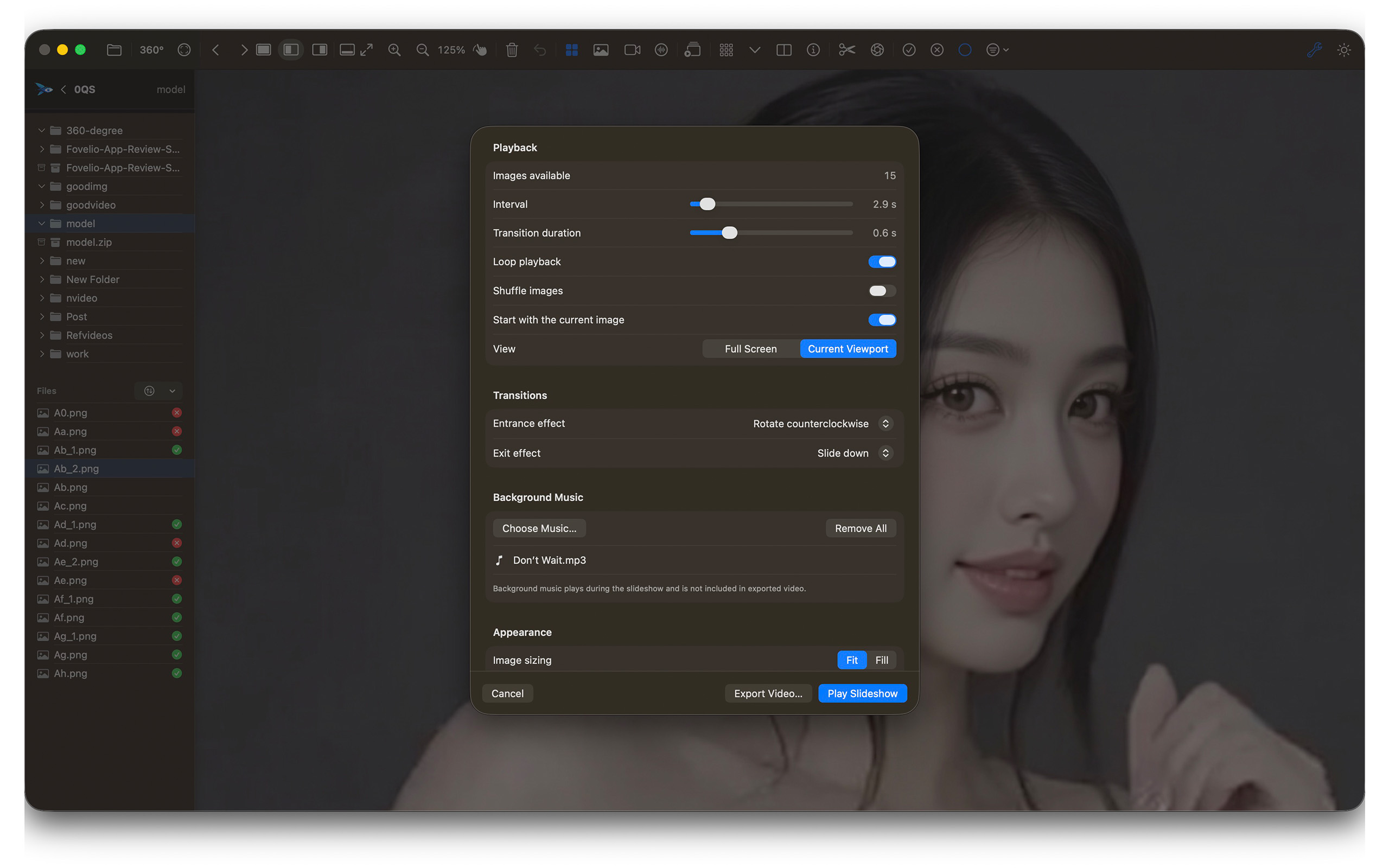 Fovelio native slideshow settings with transitions and background music